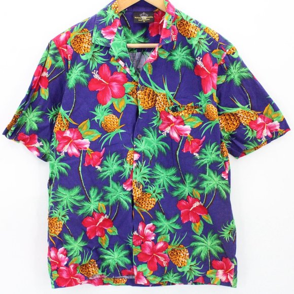 Vintage Royal Creations Hawaiian Shirt Mens Blue Floral Button Down Size Medium - Picture 1 of 10